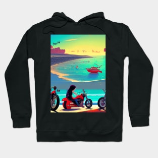 COOL GIRL ON BEACH WITH MOTORCYCLE RETRO Hoodie